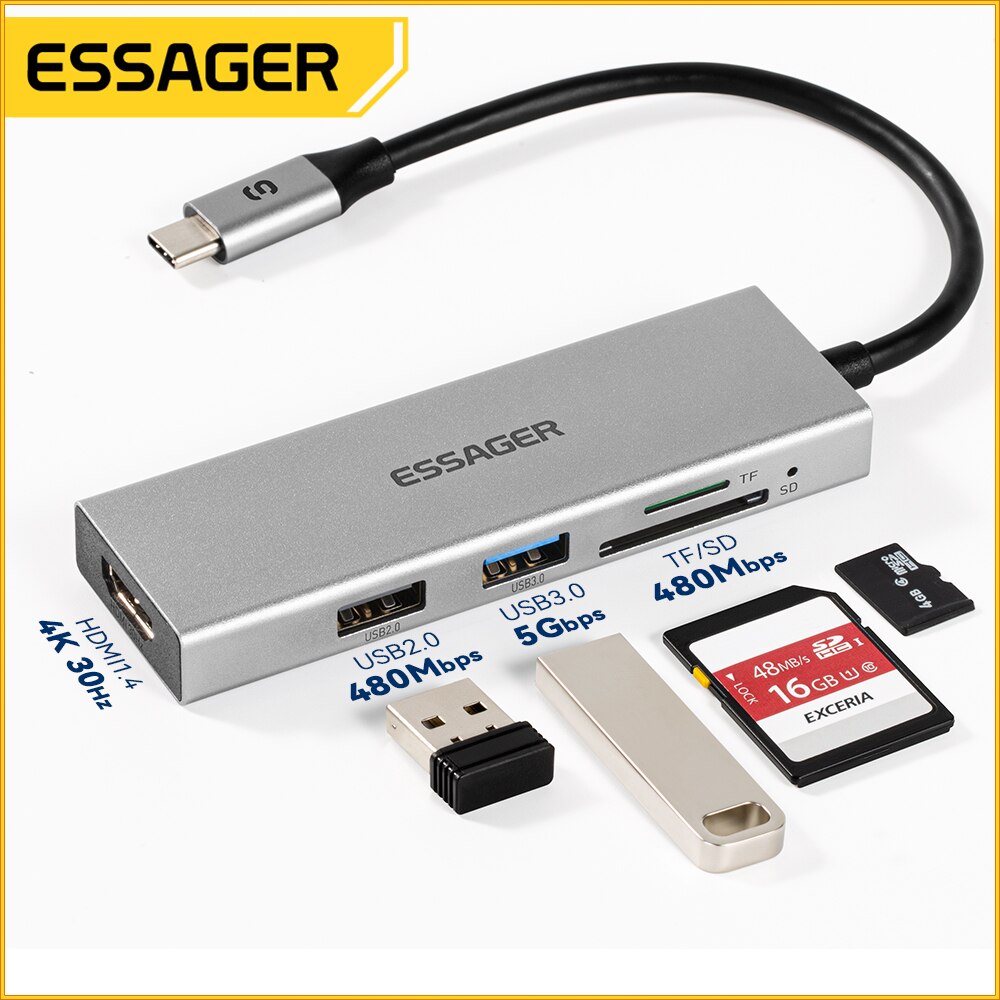 Essager 5 en 1 USB C HUB HDMI- - Desk Setup Usb Hub reseña y precio