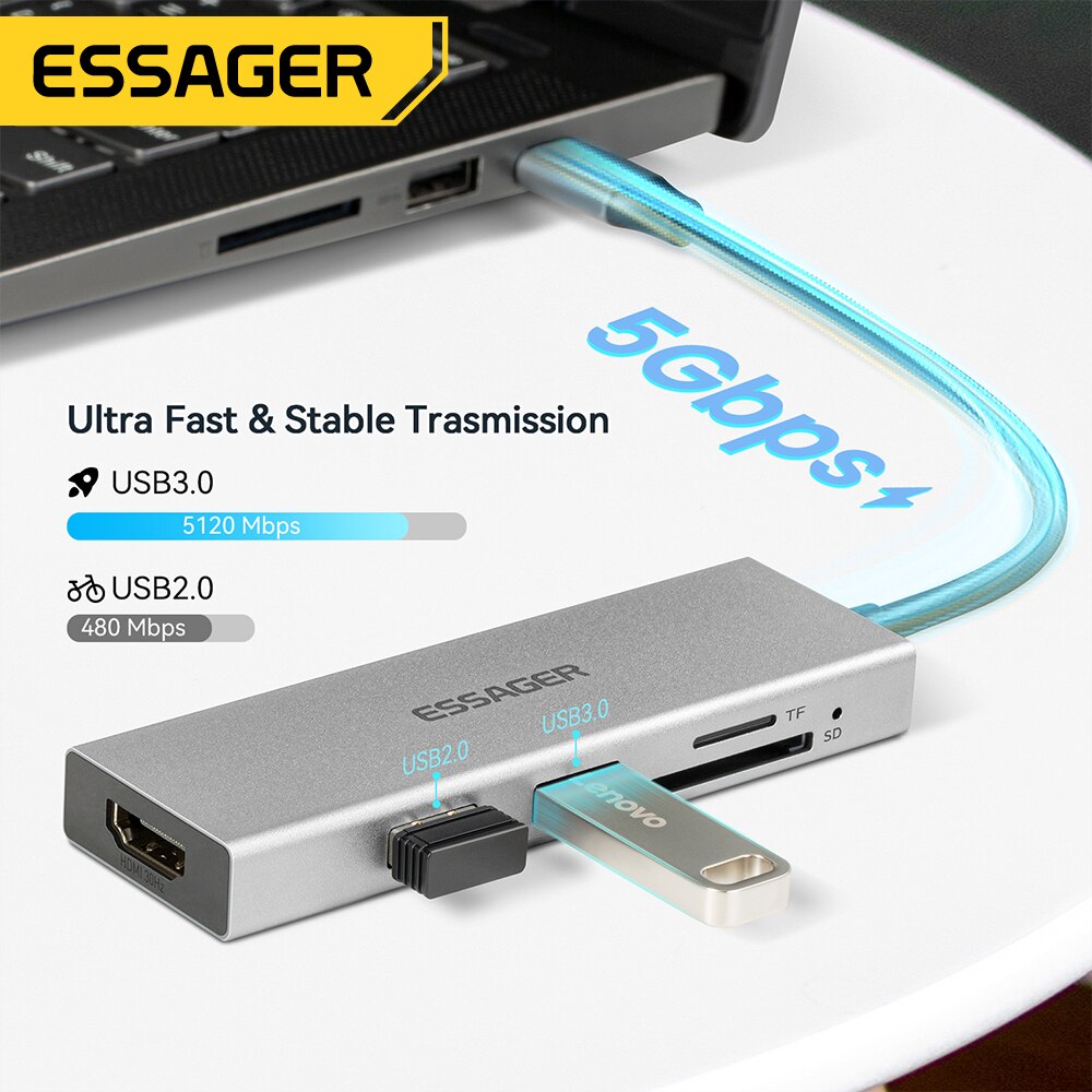 Essager 5 en 1 USB C HUB HDMI- - Desk Setup Usb Hub reseña y precio